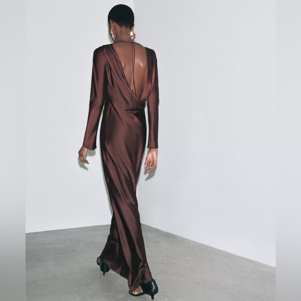 Zara Brown Satin Effect Midi Dress